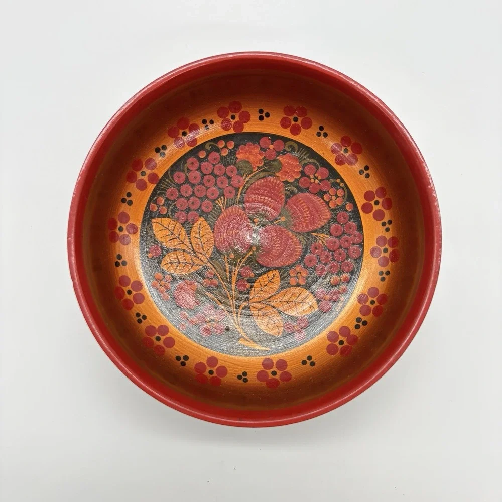 Russian Art Khokhloma Wooden Bowl Matching Spoon Traditional Floral Berry Design
